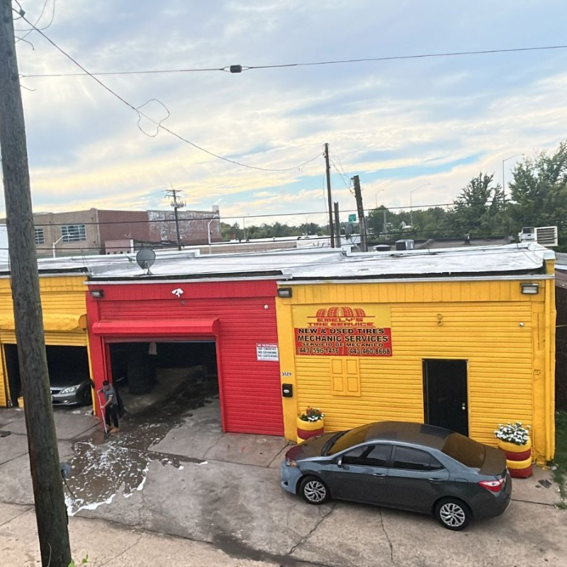 Aerial-style view of the Hanover St shop and parking area