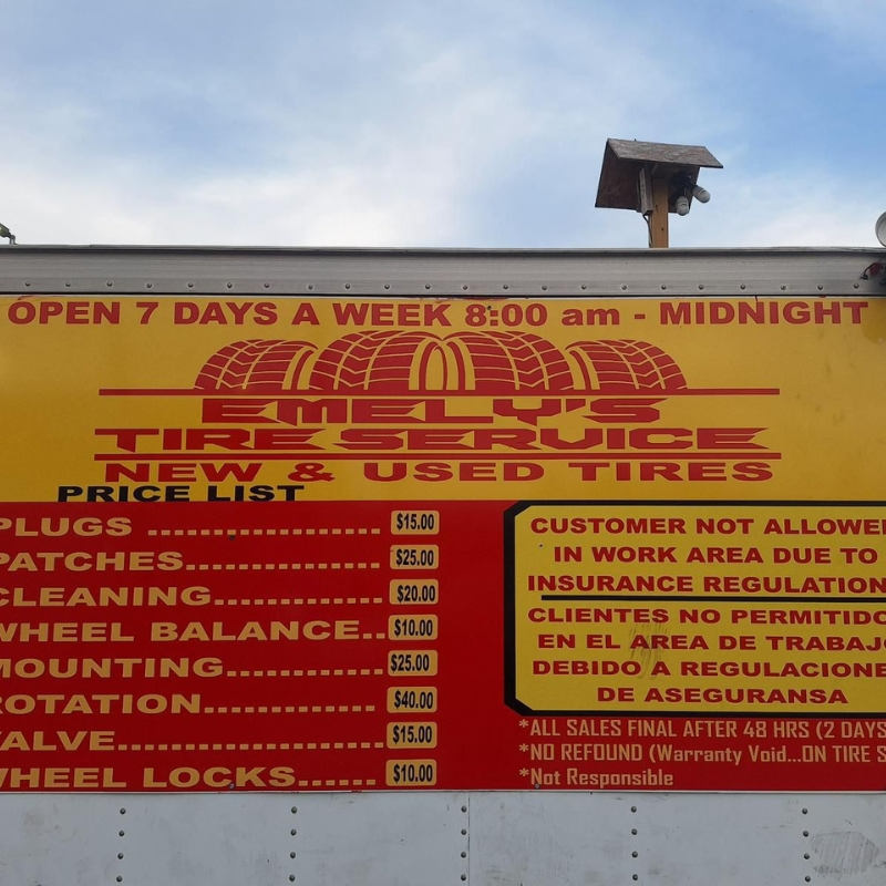 Emely's Tire Service price list — plugs, patches, balance, mounting, rotation